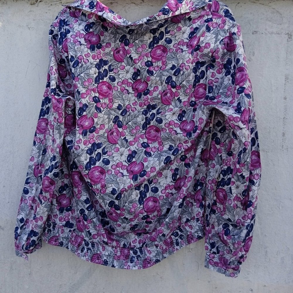 Vintage Blouse with Fruit Pattern, Purple/Pink and Blue Apples and Plums